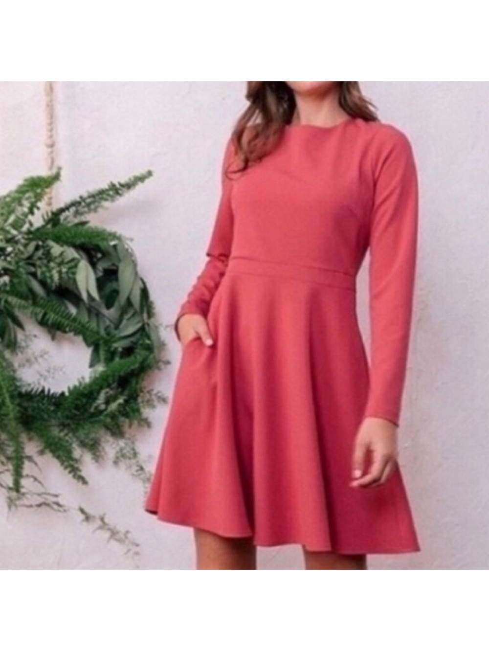 Gal Meets Glam Classic Long-Sleeve Fit & Flare Dress in Coral - Picture 1 of 6